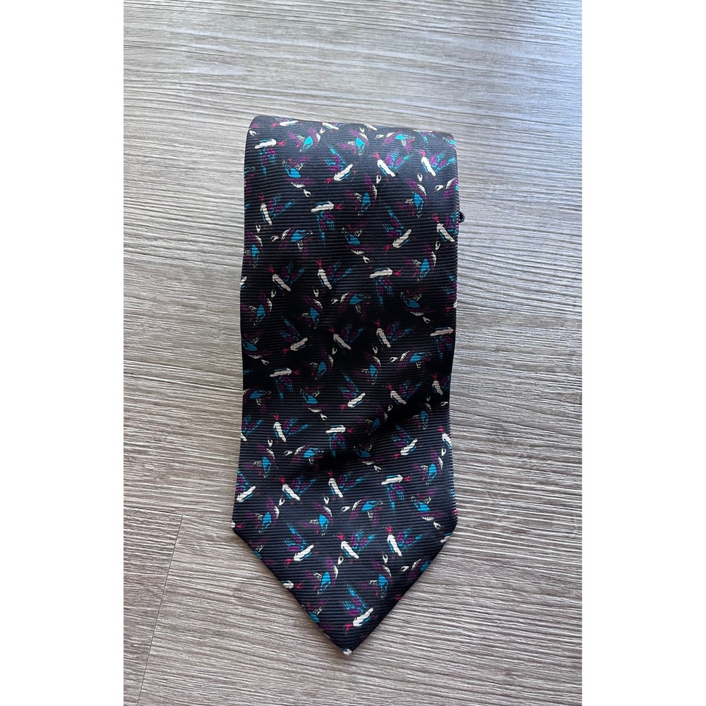 Vintage Burberrys London Silk Tie Navy Blue Mallard Duck Print Made in England - Picture 2 of 6